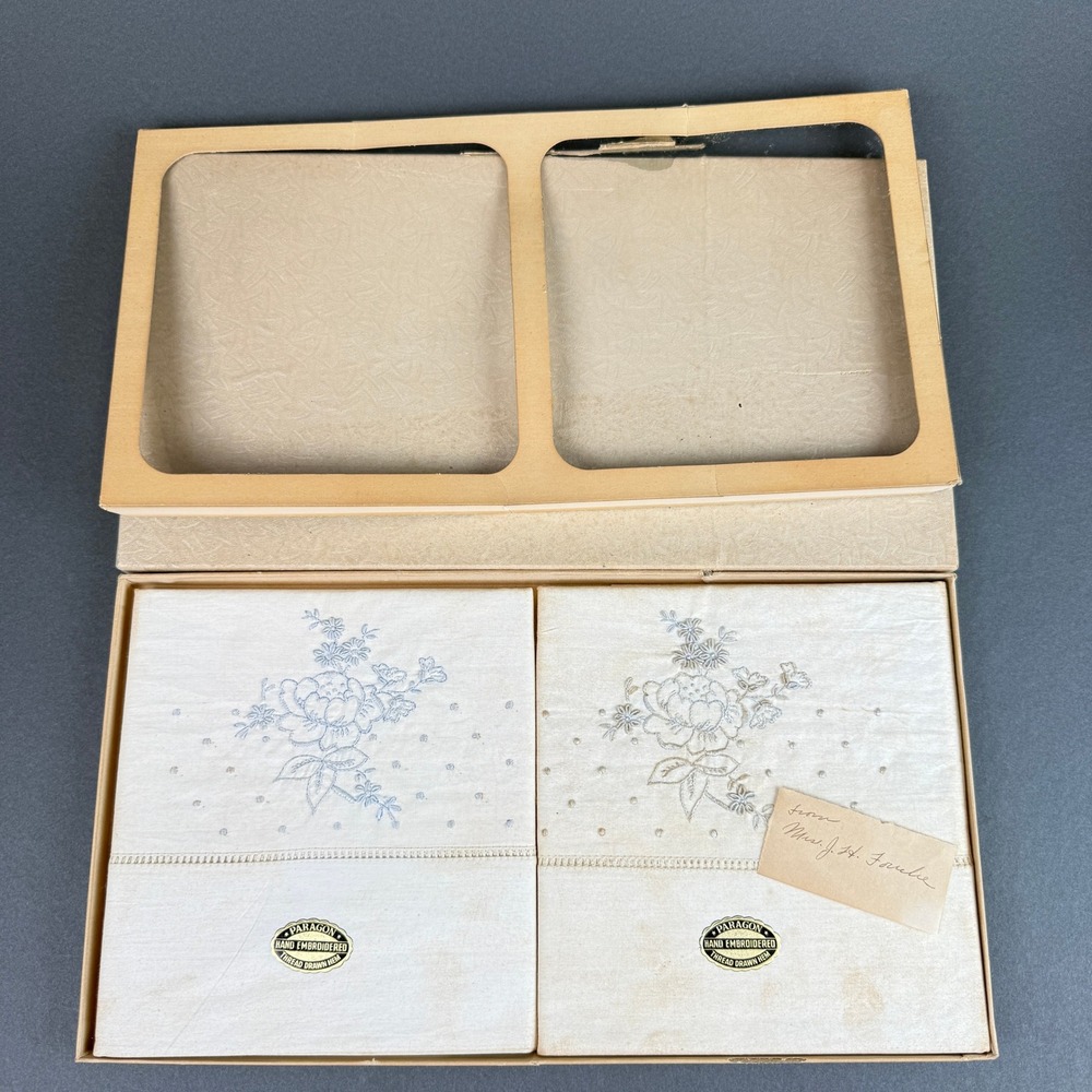Paragon Vintage Hand Embroidered Linen Pillowcases Floral  White 32"x20"